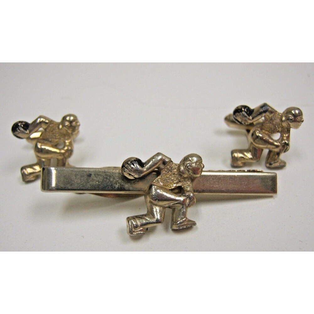 Vintage MOD 1960s Bowling Bowler Men's Cuff Links & Tie Clasp Clip Set Rare